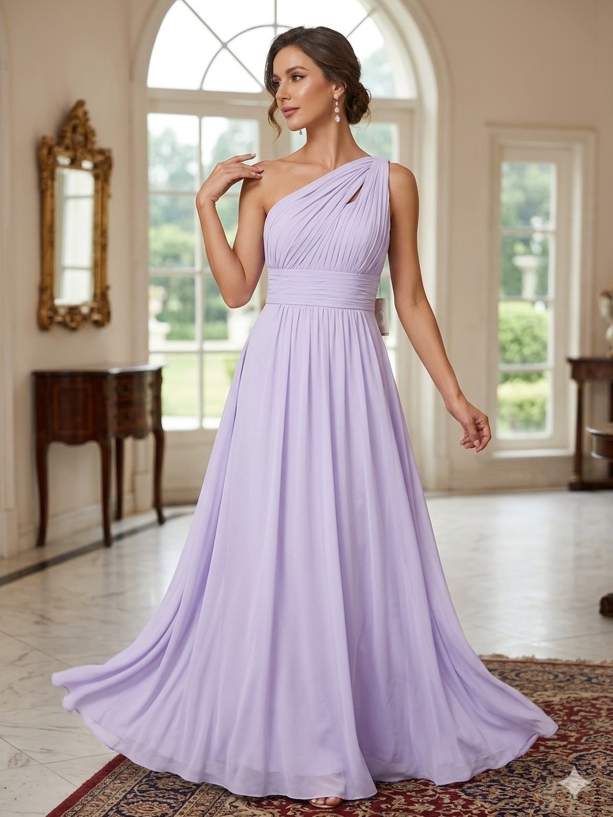 One-Shoulder Lavender Evening Dress With Pleated Bodice